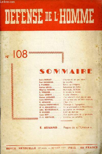 DEFENSE DE L'HOMME 10e ANNEE N 108 - Louis DORLET. L'humanit et ses rves.Paul RASSINIER..La racaille.J. PICNERO..Ecrits sur l'Algrie.Caston LEVAI.. Bakounine et Djilas.Maurice IMBARD. Multitude, Solitude.S. VERCINE.