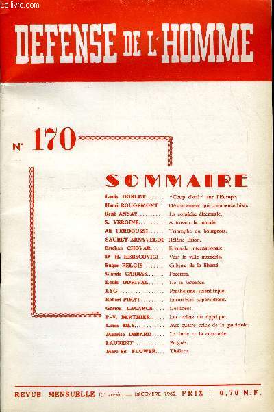 DEFENSE DE L'HOMME 15e ANNEE N 170 - Louis DORLET. 