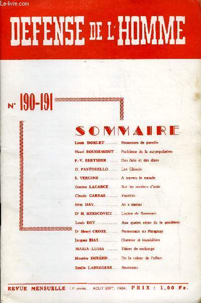 DEFENSE DE L'HOMME 17e ANNEE N 190-191 - Louis DORLET. Promesses de paradis. Henri ROUGEMONT . Problme de la surpopulation. P.-V. BERTHIER.. Des faits et des dires. D. PASTORELLO . Les Chinois. S. VERGINE..A travers le monde. Gaston