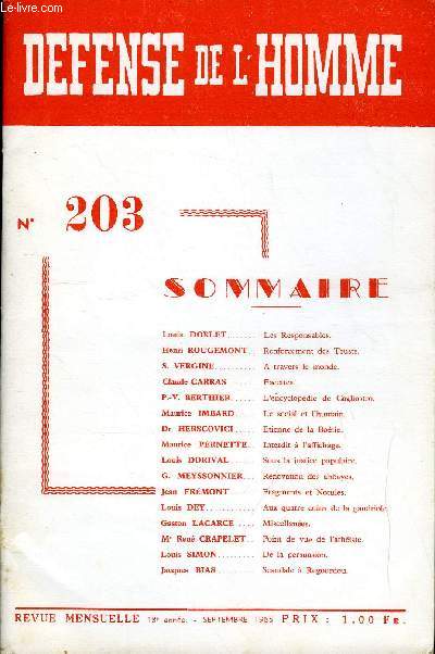 DEFENSE DE L'HOMME 18e ANNEE N 203 - Louis DORLET..Les Responsables.Henri ROUGEMONT. Renforcement des Trusts.S. VERGINE..A travers le monde.Claude CARRAS..Facettes.P.-V. BERTHIER L'encyclopdie de Cagliostro.Maurice IMBARD.Le social