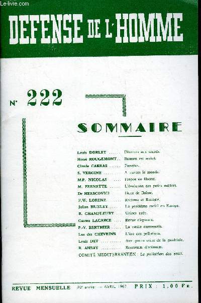 DEFENSE DE L'HOMME 20e ANNEE N 222 - Louis DORLET. Discours aux sourds.Henri ROUGEMONT . Batman est arriv.Claude CARRAS . Facettes.S. VERGINE . A travers le monde.M.P. NICOLAS. Propos en libert.M. PERNETTE. L'volution des petits