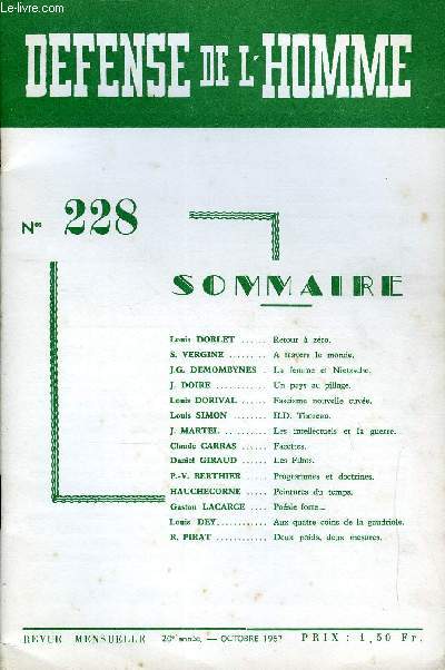 DEFENSE DE L'HOMME 20e ANNEE N 228 - Louis DORLET. Retour  zro.S. VERGINE. A travers le monde.J.G. DEMOMBYNES.La femme et Nietzsche.J. DOIRE. Un pays au pillage.Louis DORIVAL. Fascisme nouvelle cuve.Louis SIMON .H.D. Thoreau.