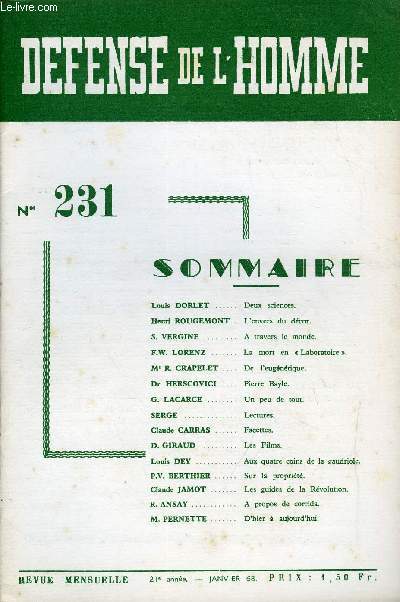 DEFENSE DE L'HOMME 21e ANNEE N 231 - Louis DORLET. Deux sciences.Henri ROUGEMONT. . L'envers du dcor.S. VERGINE .. A travers le monde.F.W. LORENZ.La mort en  Laboratoire .M' R. CRAPELET.De l'eugontique.Dv HERSCOVICI.