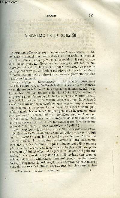 COSMOS N 6 - Nouvelles de la semaine, Physique physiologique, Science trangre, Histoire naturelle, Correspondance particulire du Cosmos, Les glaciers des Alpes par John Tyndall