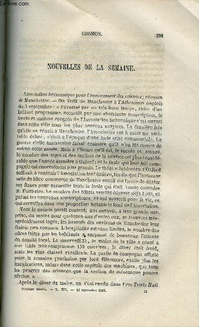 COSMOS N 11 - Association britannique pour l'avancement des sciences,Source d'huile au Canada, Nouveau cosmographe de M. Cantagrel, Compas rptiteur, Champ nouveau de recherches lectro-magntiques par M. Plucker