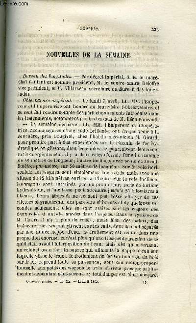 COSMOS N 15 - Bureau des longitudes, Sur la formation par synthse au moyen de la pile d'un carbrue d'hydrogne et la conductibilit lectrique des gaz plus ou moins rarefis, Description et discussion de quelques expriences de double rfraction