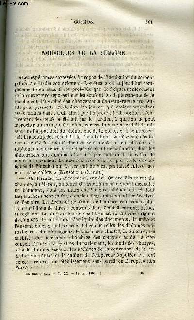 COSMOS N 16 - Le compagnon de Sirius, Note sur la cause probable des explosions dites fulminantes par M. Mangin, Perfectionnements apports aux besicles et aux lorgnons par Jean Braham, Appareil destin a empecher les incrustations des chaudires