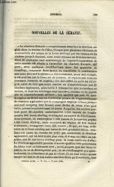 COSMOS N 26 - Rsistance lectrique des mtaux, Programme des prix proposs par la socit batave de philosophie exprimentale de Rotterdam, Bton naturel, Sur une observation des images de Moser, Physique du globe par Emmanuel Bacaloglo