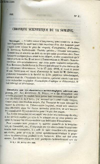 LES MONDES N 3 - Circulaire sur les observations mtorologiques adresses aux prfets, Silex tailles de Valcongrain, Moyen employ par les chinois pour prserver les pigeons des oiseaux de proie, Nouveau systme de bateau a vapeur, Etoile filante