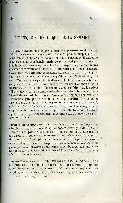LES MONDES N 4 - Socit italienne des sciences dites des quarante, Maladie noire du raisin, Destruction des vers blancs, Lampes au magnsium de Larkin brevetes, Machine a faire la glace, Emballage au caoutchouc, Charpente de chataignier, Suppression