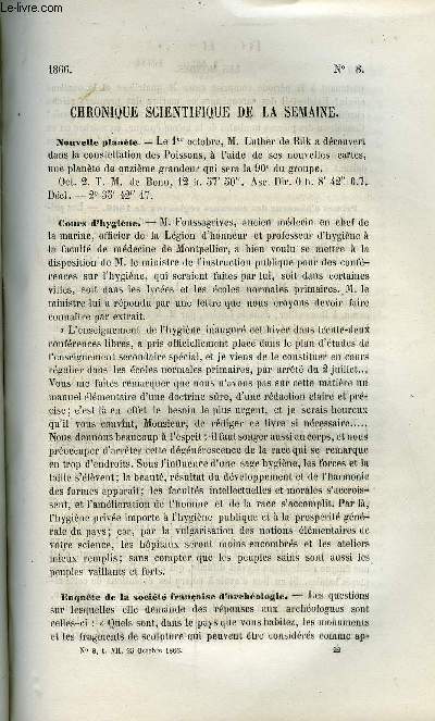 LES MONDES N 8 - Nouvelle plante, Enqute de la socit francaise d'archologie, Primes d'honneur des concours rgionaux de 1866, Tlgraphe a cadran et a lucarne mobiles, Signaux produits avec l'aide d'un code numrique, Faits de mdecine