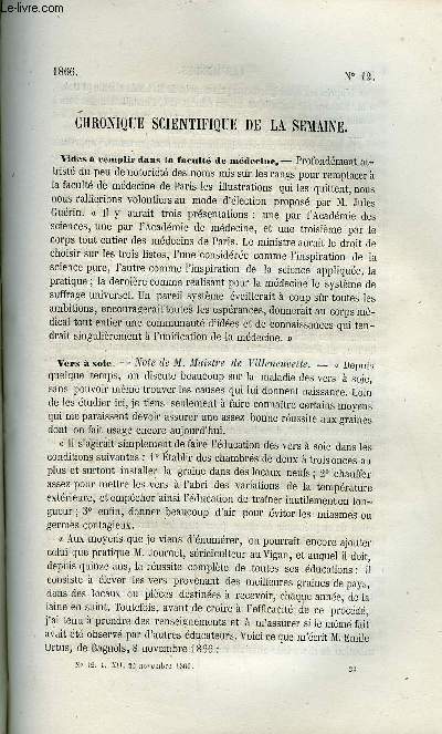 LES MONDES N 12 - Vides a remplir dans la facult de mdecine, Ouragan du 6 septembre 1865 a la Guadeloupe, Photographie prise sur le corps d'un homme quatre mois aprs sa mort, Projets d'exploration de l'Afrique centrale, Les travaux de MM. Bunsen
