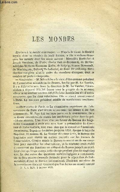 LES MONDES (COSMOS) N 1 - Elections a la socit britannique, Tlgraphe lectrique arien, Service mtorologique agricole, Mthode nouvelle pour la culture de la pomme de terre, Les merveilles vgtales a l'exposition universelle, Liqufaction