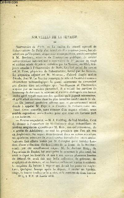 LES MONDES (COSMOS) N 2 - Lecons sur la chimie philosophique, Tlphone a bon march, Le tlphone en Allemagne, Merveilleuse opration chirurgicale, Instinct des insectes par M. Trbden, Remarque importante sur le mouvement uniformment vari