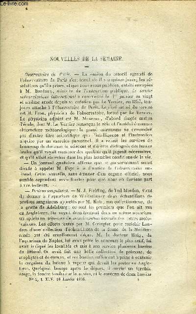 LES MONDES (COSMOS) N 2 - Lecons sur la chimie philosophique, Tlphone a bon march, Le tlphone en Allemagne, Merveilleuse opration chirurgicale, Instinct des insectes par M. Trbden, Remarque importante sur le mouvement uniformment vari