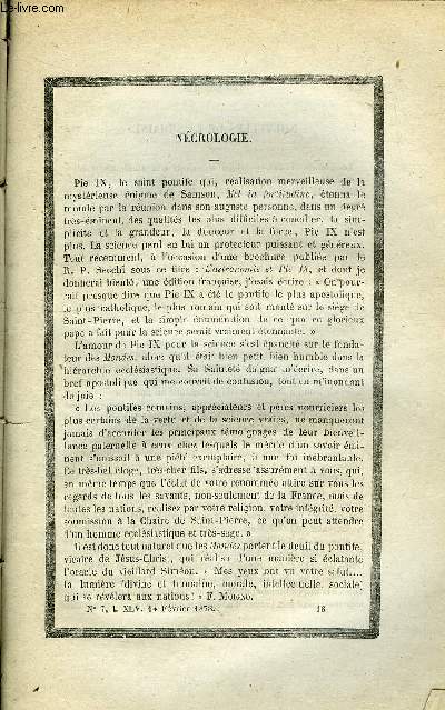 LES MONDES (COSMOS) N 7 - Ncrologie - Pie IX, La plante Vnus, La viande de cheval a Paris, Le vin de Saint-Raphael, Support pour rgler le dgagement du gaz et faciliter la manoeuvre de l'appareil de M. H. Sainte-Claire-Deville, Deuxime note