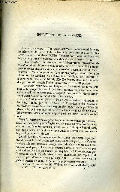 LES MONDES (COSMOS) N 13 - L'observatoire de Meudon, Fabrication de la glace, Chauffage des habitations par la vapeur, Observation de nvrose de l'oeil gurie par l'emploi de lunettes a verres jaunes, Appareil pour l'tude des lois de la chute