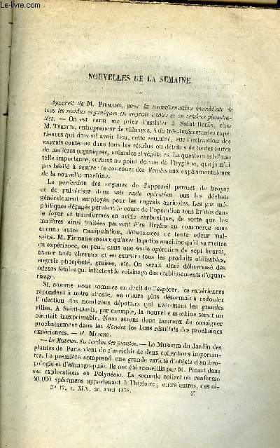 LES MONDES (COSMOS) N 17 - Appareil de M. Firman pour la transformation immdiate de tous les rsidus organiques en engrais azots et en cendres phosphates, Le musum du jardin des plantes, Moyen de protger les bank-notes contre le feu, Emploi
