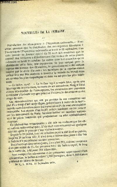 LES MONDES (COSMOS) N 2 - Distribution des rcompenses a l'exposition universelle, La plante Vulcain, Singuliers effets de la foudre, Abus des liqueurs alcooliques, De la non-transmissibilit de la syphilis par le moyen du lait, Congrs