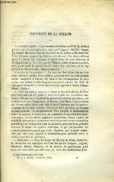 LES MONDES (COSMOS) N 5 - Loterie de l'exposition, Units des poids et des mesures, Tlgrammes et observatoires mtorologiques, Tunnel du Saint-Gothard, Pansements a l'acide borique, Les habitations chinoises en Californie, La destruction pratique