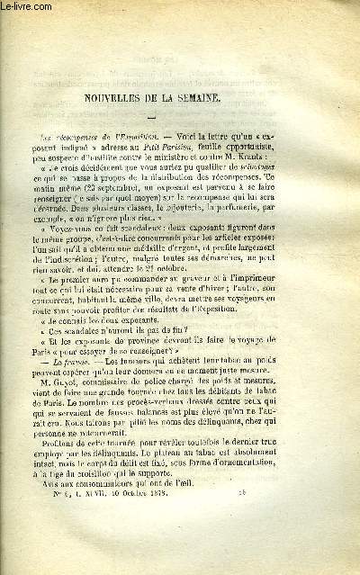 LES MONDES (COSMOS) N 6 - Les rcompenses de l'exposition, La fraude, Ecriture pour les aveugles, Tour de force vlocipdique, Renforcement dees preuves au charbon au moyen du permanganate de potasse, Obturateur pneumatique invent en Angleterre
