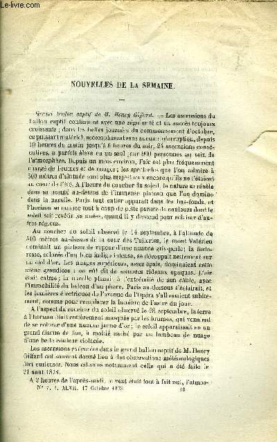 LES MONDES (COSMOS) N 7 - Grand ballon captif de Henry Griffard, L'accident du tunnel de Saint-Gothard, confrences de la socit de gographie commerciale de Paris, Les bibliothques des hopitaux, Les conscrits de la Seine, Injection de lait substitue