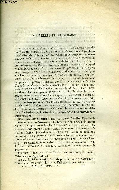 LES MONDES (COSMOS) N 8 - Traitement des professeurs des facults, La population du globe, Une ingnieuse invention, La tachymtrie, La rotation conseille a un jeune phthisique, Mmoires sur les lois de rciprocit , relatives aux rsidus de puissances