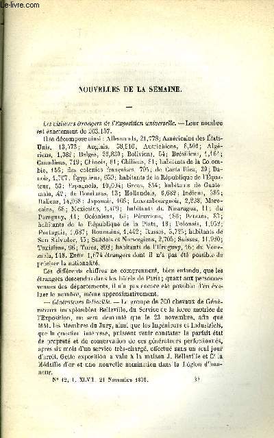 LES MONDES (COSMOS) N 12 - Les visiteurs trangers de l'exposition universelle, Eruption du Vsuve, La terre parle, Les charbonnages de Lucerne, Les neiges prcoces, Emploi du ptrole comme combustible industriel, 150 cas de fivre intermittentes