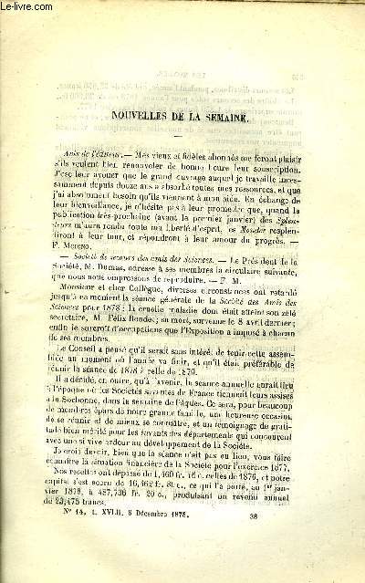 LES MONDES (COSMOS) N 14 - Socit de secours des amis des Sciences, Un hros du travail, Etude clinique sur la peur des espaces, nvrose motive, Voyage au Groenland, Le tonnerre, Garde-Cote francais, Fractionnemenet de la lumire lectrique