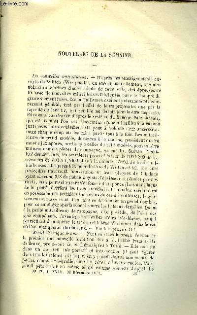 LES MONDES (COSMOS) N 17 - Les nouvelles mitrailleuses, Traitement de l'asphyxie symtrique des extrmits, Utilit des misionss sanguines dans la tuberculose pulmonaire, Mines d'or du Wynaad, A propos de l'inspection de la viande de boucherie