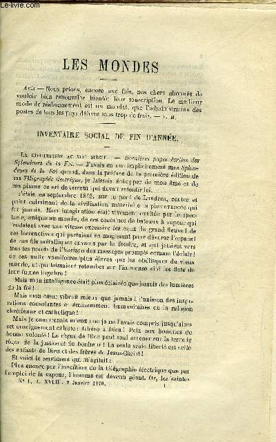 LES MONDES (COSMOS) N 1 - Inventaire social de fin d'anne, Une explosion de feu grisou a bord d'un bateau charbonnier, La bibliothque des merveilles, Le casier mtorologique ou indicateur agricole du temps, Usage du casier mtorologique, De l'abatage