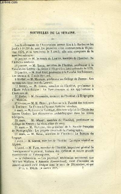 LES MONDES (COSMOS) N 3 - Les neiges de l'hiver de 1869, Le coke -ses applications aux usages domestiques industriels, Des dangers que peut prsenter l'emploi de substances pharmaceutiques impures, Sur la dcomposition a la temprature ordinaire