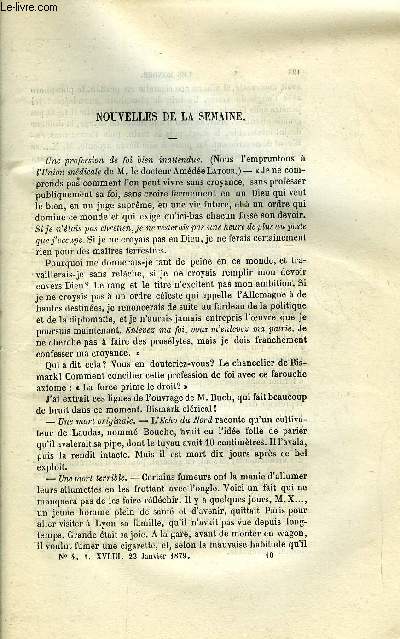 LES MONDES (COSMOS) N 4 - Une profession de foi bien inattendue, Nivellement gnral de la France, De la phthisie pulmonaire, L'influence de l'habitude du tabac sur l'action thrapeutique des mdicaments, Note sur une nouvelle espce de merle bronz