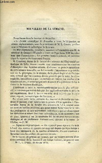 LES MONDES (COSMOS) N 7 - Signaux tlgraphiques, Les essais du redoutable, L'expdition de M. Nordenskiold, Saumon amricain, Dictionnaire de Botanique par H. Baillon, Trait de gologie et de palontologie, Rduction du chlorate de potasse