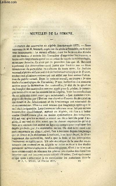 LES MONDES (COSMOS) N 8 - Invasion des sauterelles en Algrie, Dernier mot sur la matire, Tunnel du Saint-Gothard, La maison de refuge que l'oeuvre de l'hospitalit a ouverte a Paris, Deux cas d'intoxication grave par l'iodoforme, La natalit en France
