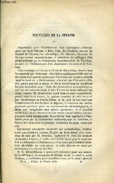 LES MONDES (COSMOS) N 9 - Souscription pour l'tablissement d'un observatoire mtorologique au mont Ventoux, Destruction des cafiers par des parasites, Rorganisation du Musum d'histoire naturelle, Les malheurs de la philosophie, Photographie solaire