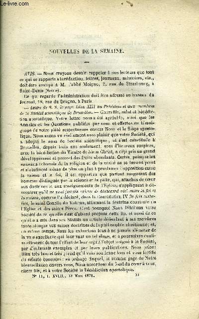 LES MONDES (COSMOS) N 11 - Lettre de S.S. le pape Lon XIII au Prsident et aux membres de la socit scientifique de Bruxelles, Taches du soleil et la peste, Eclairage lectrique, Statue de Gauss, Des caractres typographiques, Socit des mnagres