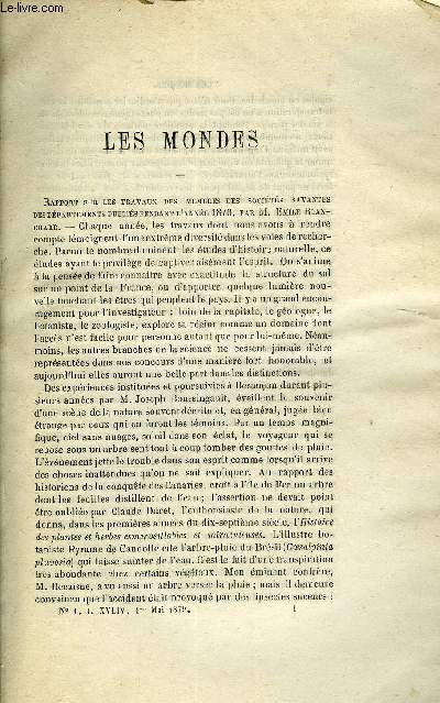 LES MONDES (COSMOS) N 1 - Rapport sur les travaux des membres des socits savantes des dpartements publis pendant l'anne 1870, Recherche de l'olo-margarine dans les beurres, Nouveau photomtre de M. Woodbury, Lumire lectrique - Compte rendu