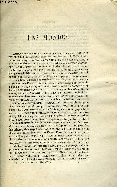 LES MONDES (COSMOS) N 1 - Rapport sur les travaux des membres des socits savantes des dpartements publis pendant l'anne 1870, Recherche de l'olo-margarine dans les beurres, Nouveau photomtre de M. Woodbury, Lumire lectrique - Compte rendu