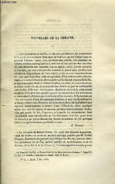 LES MONDES (COSMOS) N 2 - Les splendeurs de la foi, Fondation d'un laboratoire viticole et oenologique dans le Jura, Traitement du mal de mer par la collodion et par la morphine, Note sur le compteur diffrentiel Valessie, Le serin rouge, Germination