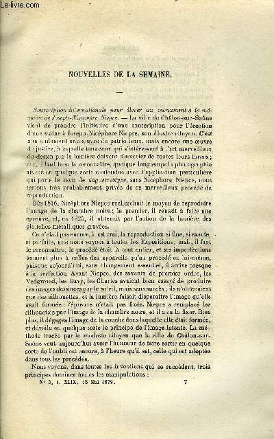 LES MONDES (COSMOS) N 3 - Souscription internationale pour lever un monument a la mmoire de Joseph-Nicphore Niepce, Chute d'un mtore dans le Michigan, Canon de 160 tonnes, Aronautique en Angleterre, Lgumistes et carnassiers, De la traction