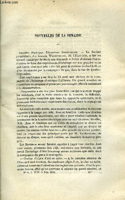 LES MONDES (COSMOS) N 6 - Lumire lectrique - Rgulateur Werdermann, Un cas de ttanos traumatique traits avec succs par le bromure de potassium, Traitement des tumeurs blanches, Moyens de reconnaitre les plantes, Une nouvelle application