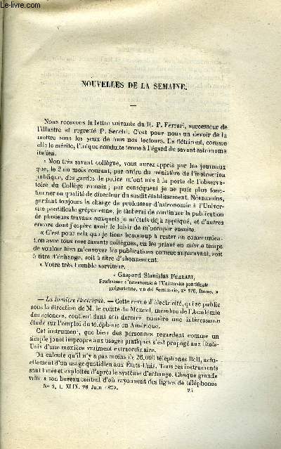 LES MONDES (COSMOS) N 9 - La lumire lectrique, La nitro-glycrine dans l'angine de poitrine, Procd pour corriger l'amertume des vins, Etude sur les alliages de plomb et d'antimoine et en particulier sur les liquations et les sursaturations