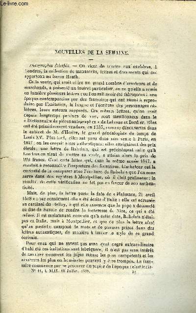 LES MONDES (COSMOS) N 11 - Autographes falsifis, Tlgraphe de Paris a New-York, Les canons de 100 tonnes, Le traitement de l'ozne, De l'existence d'un arc voltaique dans les lampes lectriques a courants de faible tension et de l'infriorit