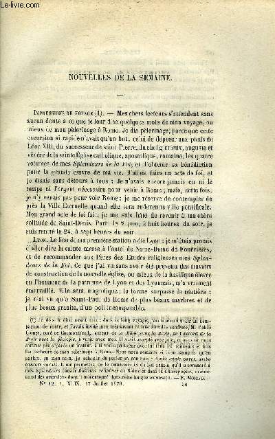 LES MONDES (COSMOS) N 12 - Impressions de voyage, Lon XIII, pape, Observations sur le microphone sinitique de M. de Rossi, Amendement du sol porteur d'arbres fruitiers, Importation du btail d'Amrique en Angleterre, Canal interocanique