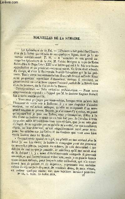 LES MONDES (COSMOS) N 13 - Les splendeurs de la foi, Projet de canal de Saint-Ptersbourg a la mer, Exposition des sciences appliqus a l'industrie, Traitement contre la rage, Application des sciences a la mdecine, Appareils de M. Tommasi