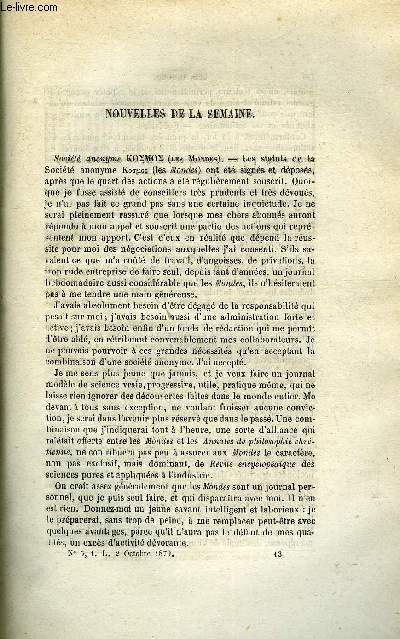 LES MONDES (COSMOS) N 5 - Socit anonyme Cosmos, Magntisation de la fonte de fer, Traitement de l'hydrocle par l'lectricit, Rapport a la direction de l'intrieur du canton de Fribourg sur l'inspection gnrale des alins dans ce canton, Recherches