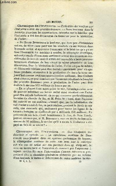 LES MONDES (COSMOS) N 8 - Pigeons voyageurs, Hygine des coles, Singulier phnomne observ en mer, Une rvolution industrielle et agricole, Sur une proprit des surfaces du second degr dans la thorie de l'lectricit statique