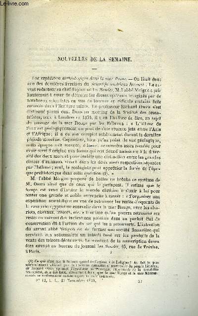 LES MONDES (COSMOS) N 13 - Une expdition archologique dans la mer rouge, Moyen de retarder l'emploi des lunettes, La glace employe dans les mdicaments, Propulsion des navires, Saumon du Canada, Equivalent mcanique de la chaleur