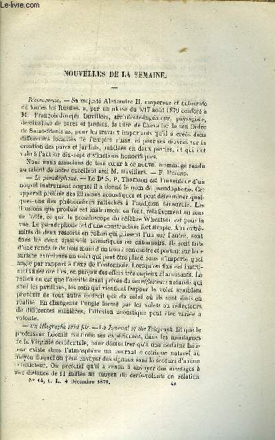 LES MONDES (COSMOS) N 14 - Un tlgraphe sans fils, La premire caravane d'Arcueil, Tlmtre et campylomtre, Tlmtre de M. Landolt, Sur la chaleur de formation de l'ammoniaque, Recherches sur les diffrents modes de combinaison de l'acide